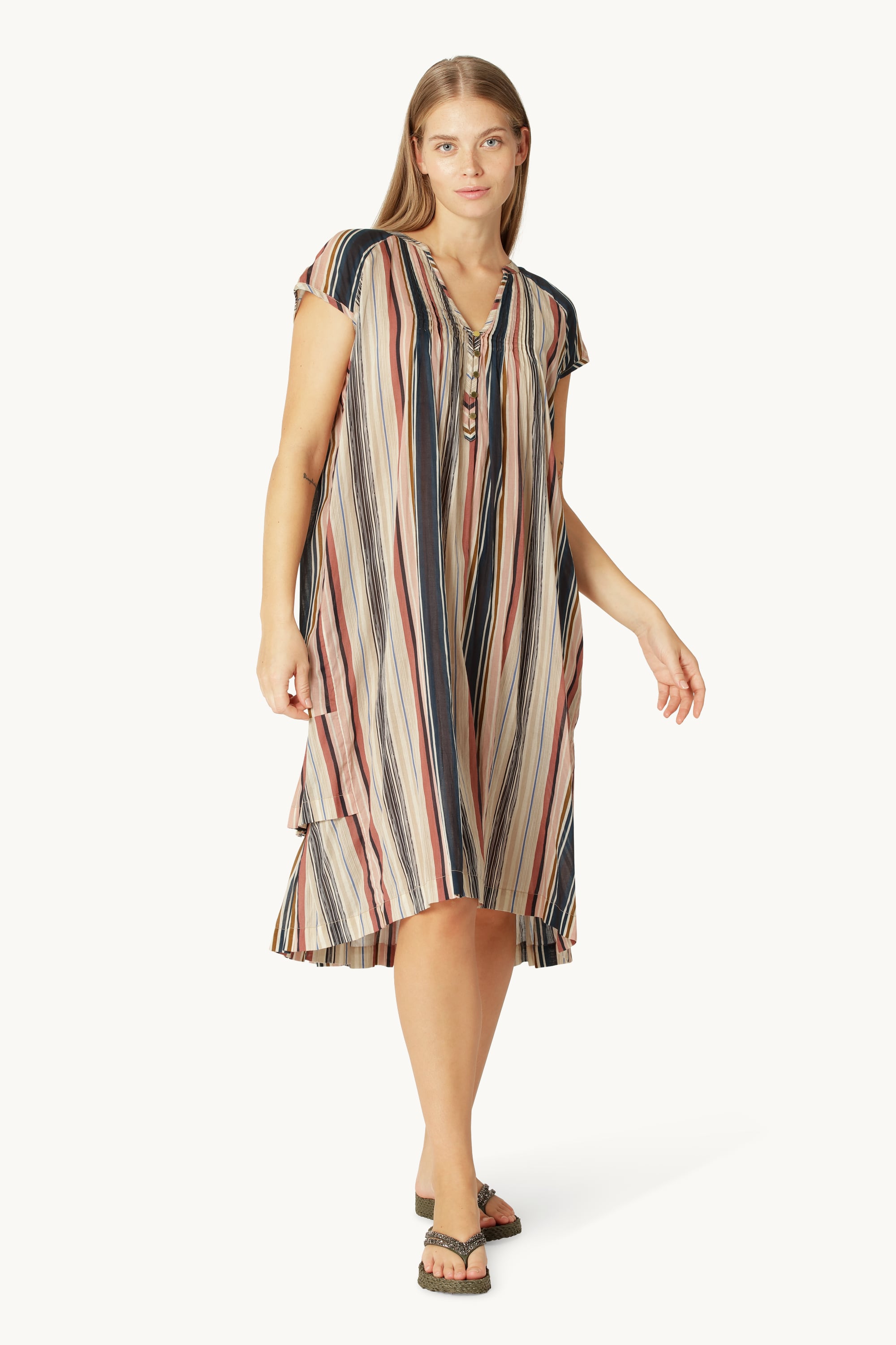 Langes Kleid mit Kurzen Ärmeln Pintuck - Beige Organic Stripe