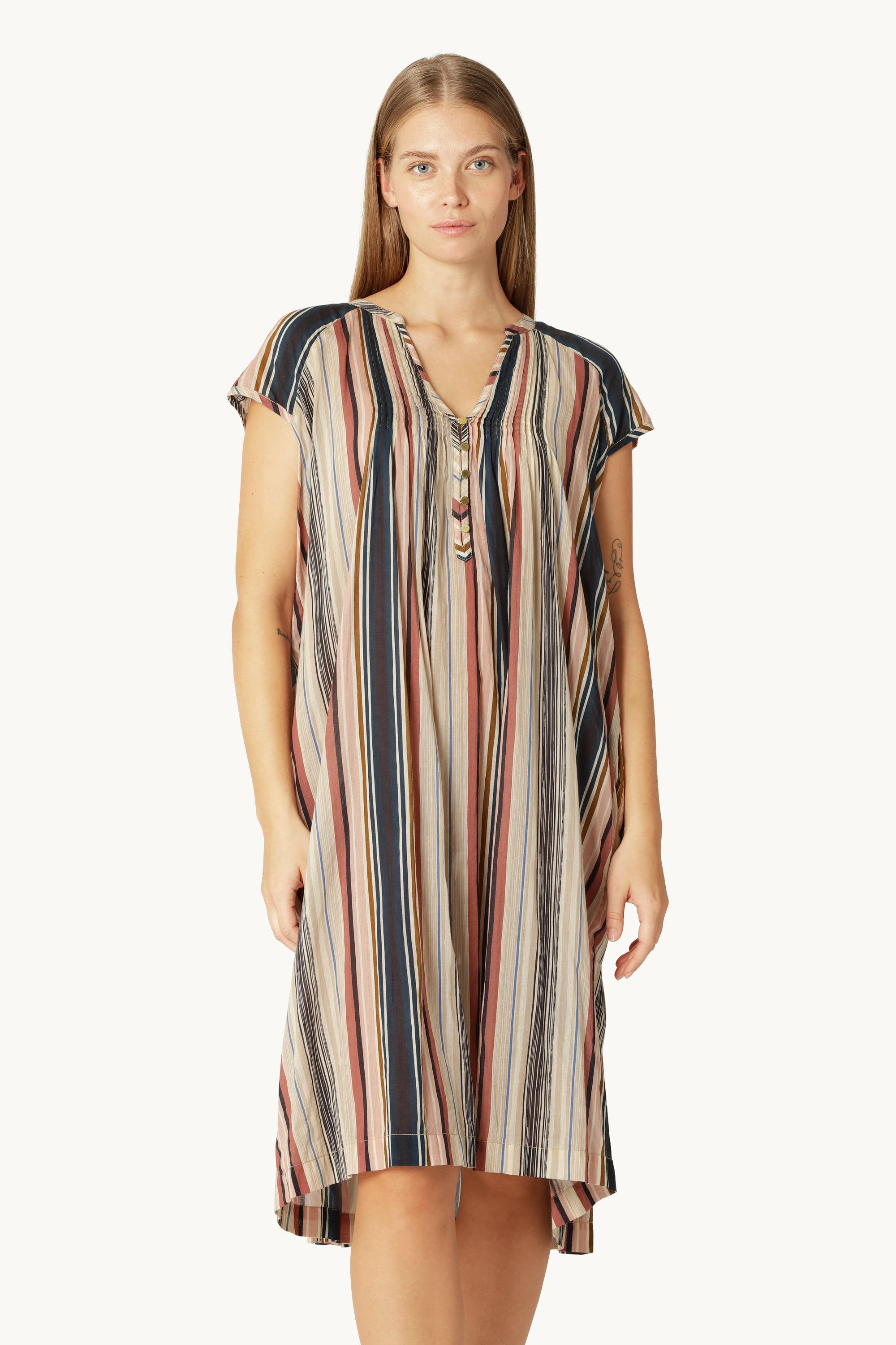 Langes Kleid mit Kurzen Ärmeln Pintuck - Beige Organic Stripe
