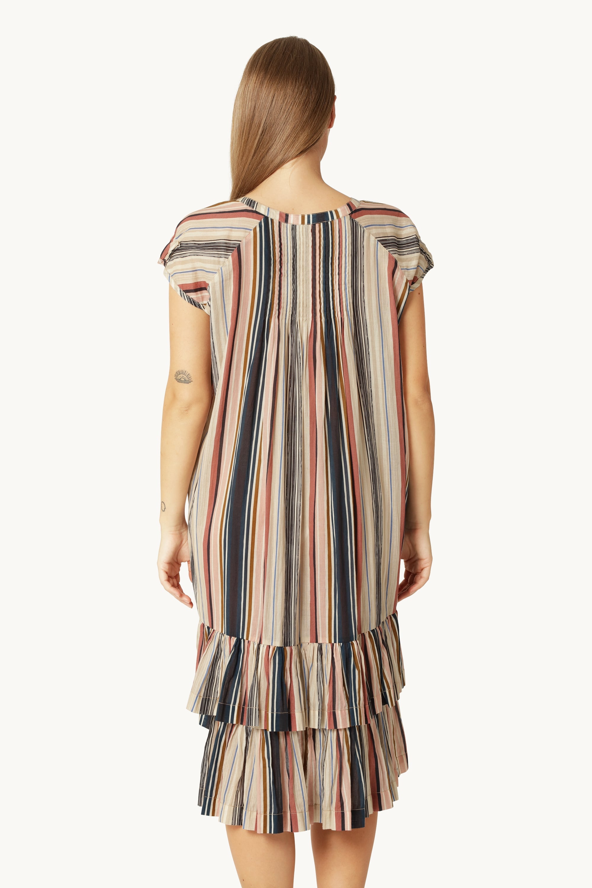 Langes Kleid mit Kurzen Ärmeln Pintuck - Beige Organic Stripe