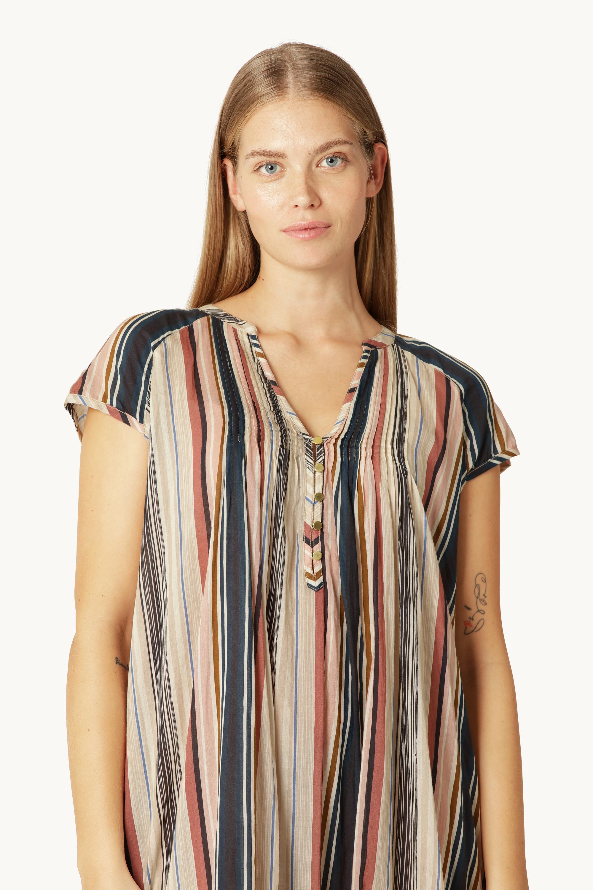 Langes Kleid mit Kurzen Ärmeln Pintuck - Beige Organic Stripe