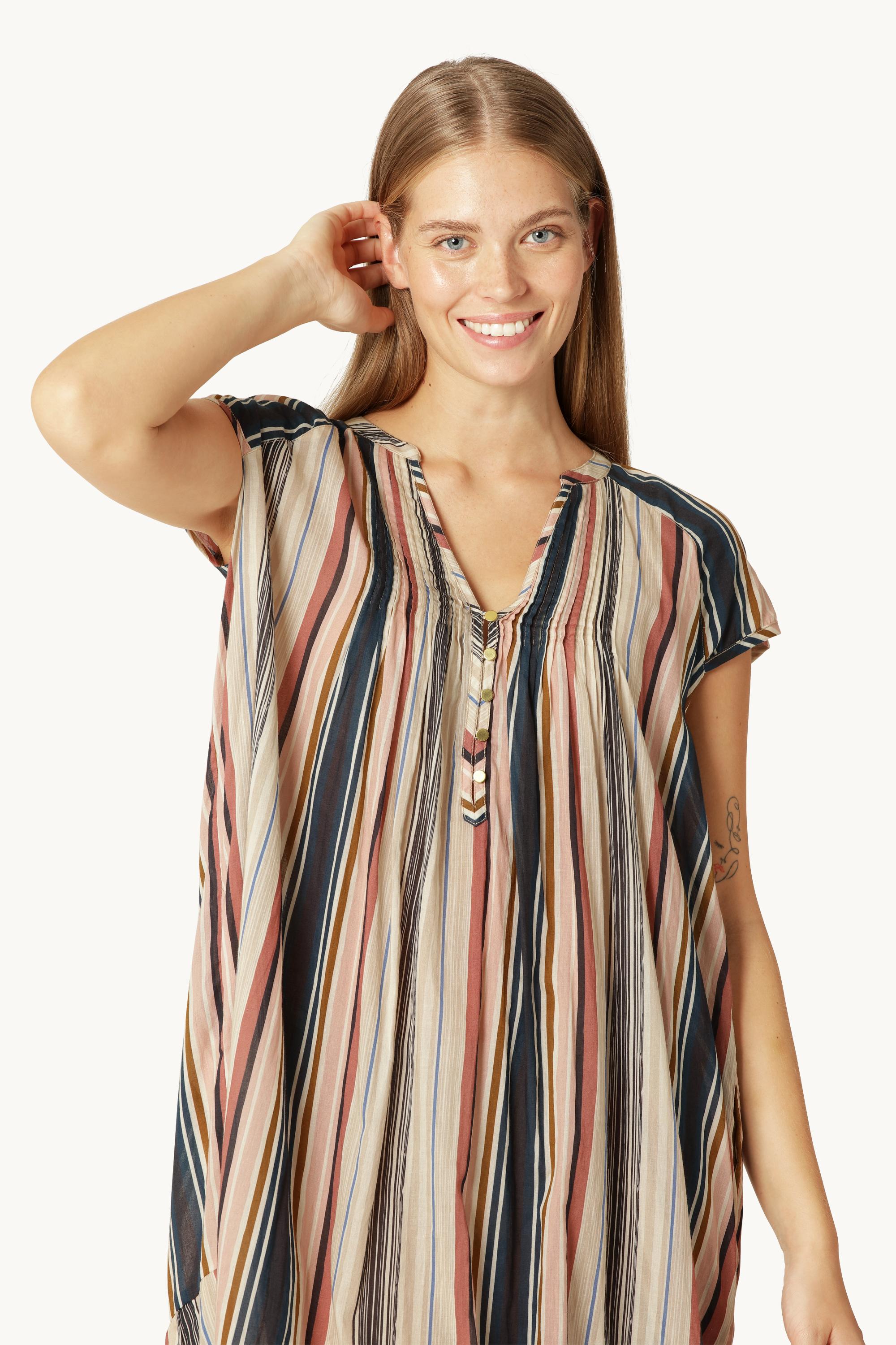 Langes Kleid mit Kurzen Ärmeln Pintuck - Beige Organic Stripe