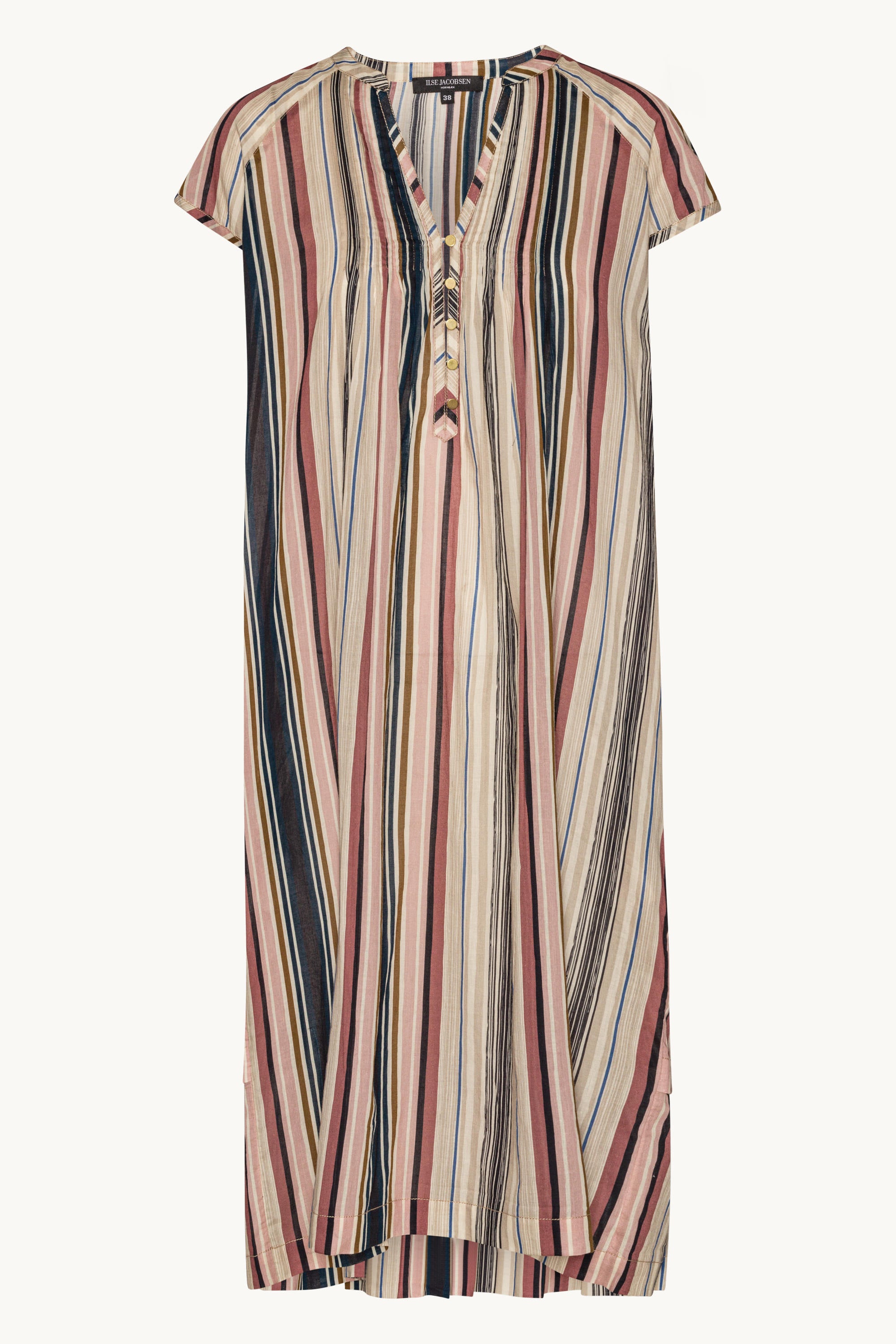 Langes Kleid mit Kurzen Ärmeln Pintuck - Beige Organic Stripe