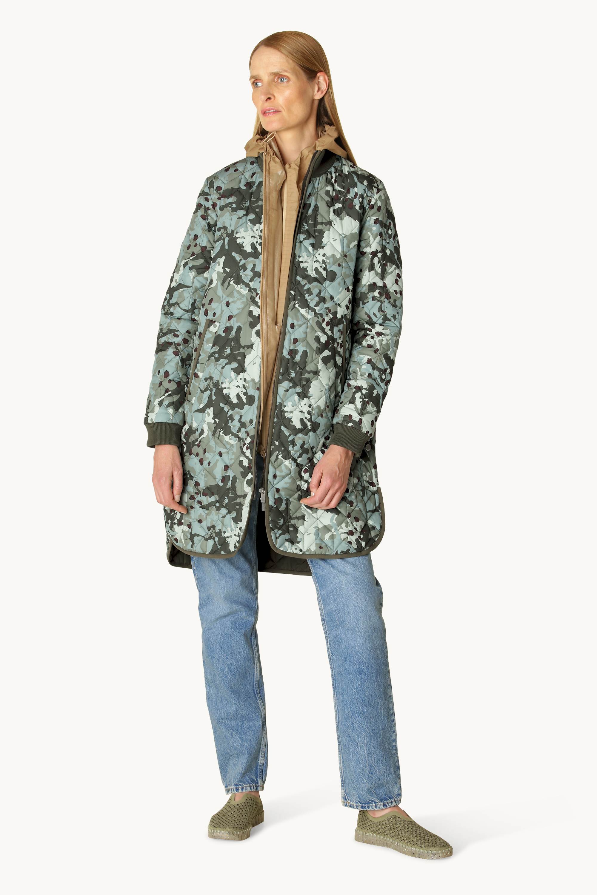 Long Quilt Jacket - Green Camo