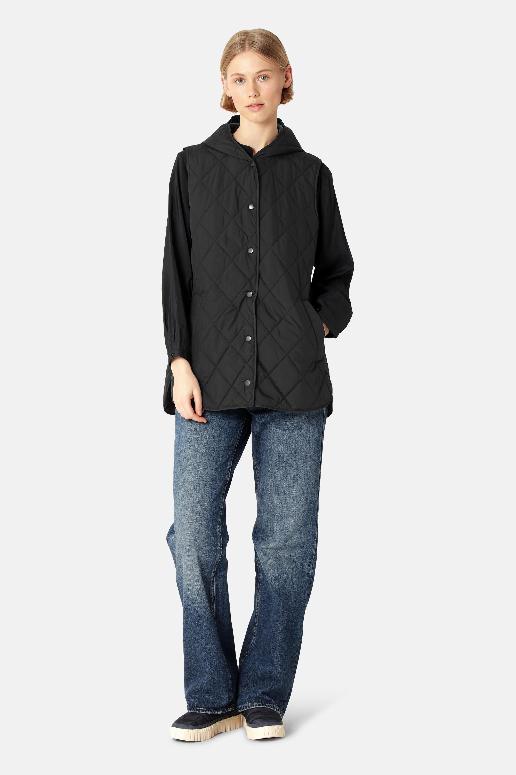 Quilted Long Vest - Black