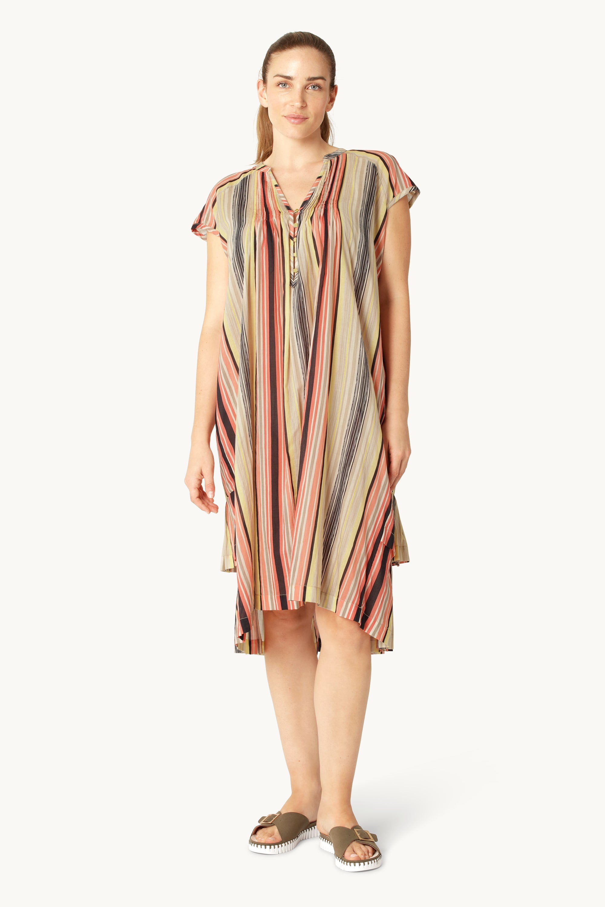 Langes Kleid mit Kurzen Ärmeln Pintuck - Red Organic Stripe