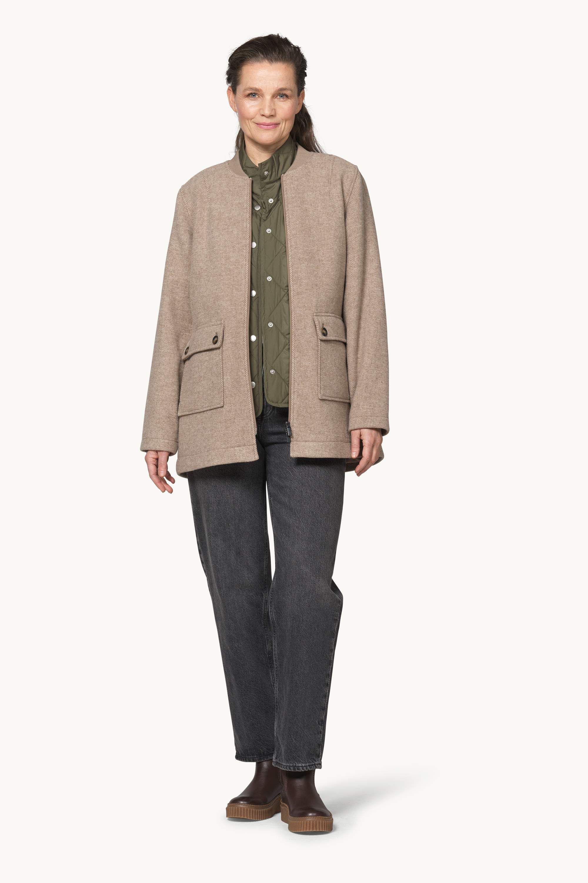 Zipped Jacket with Patched Pockets - Greige