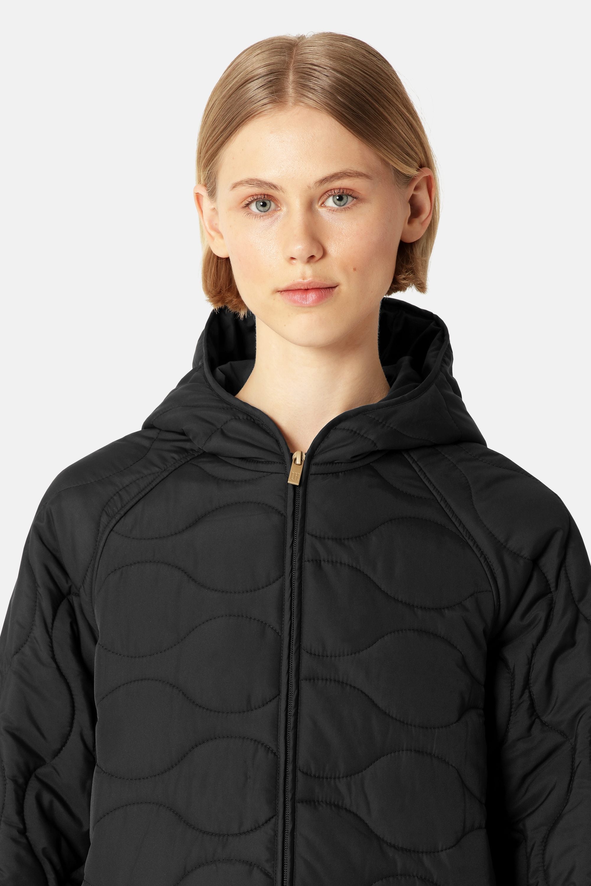 Long Quilt Jacket with Hood - Black