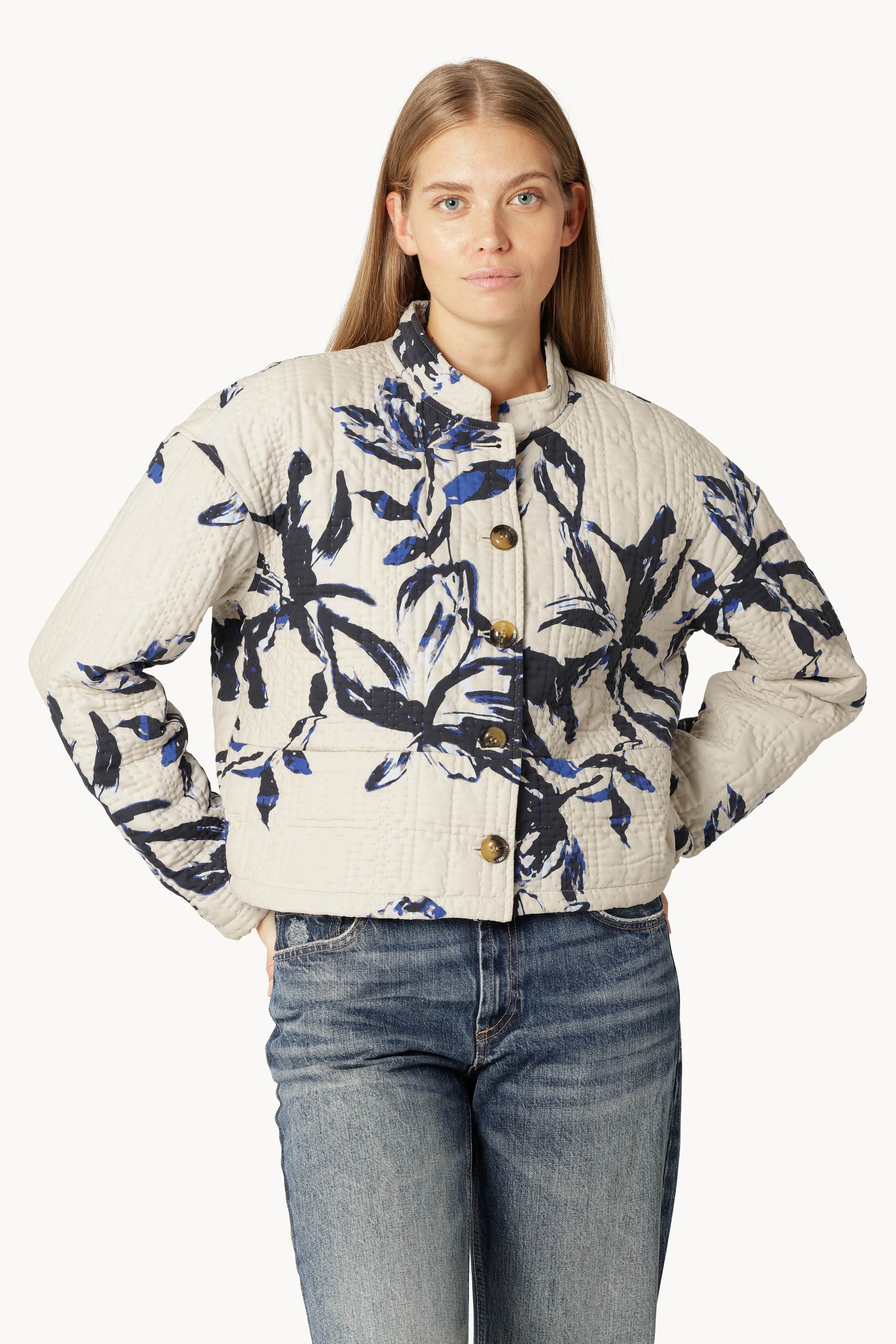 Kurze Steppjacke - Beige Artsy Stroke Flower