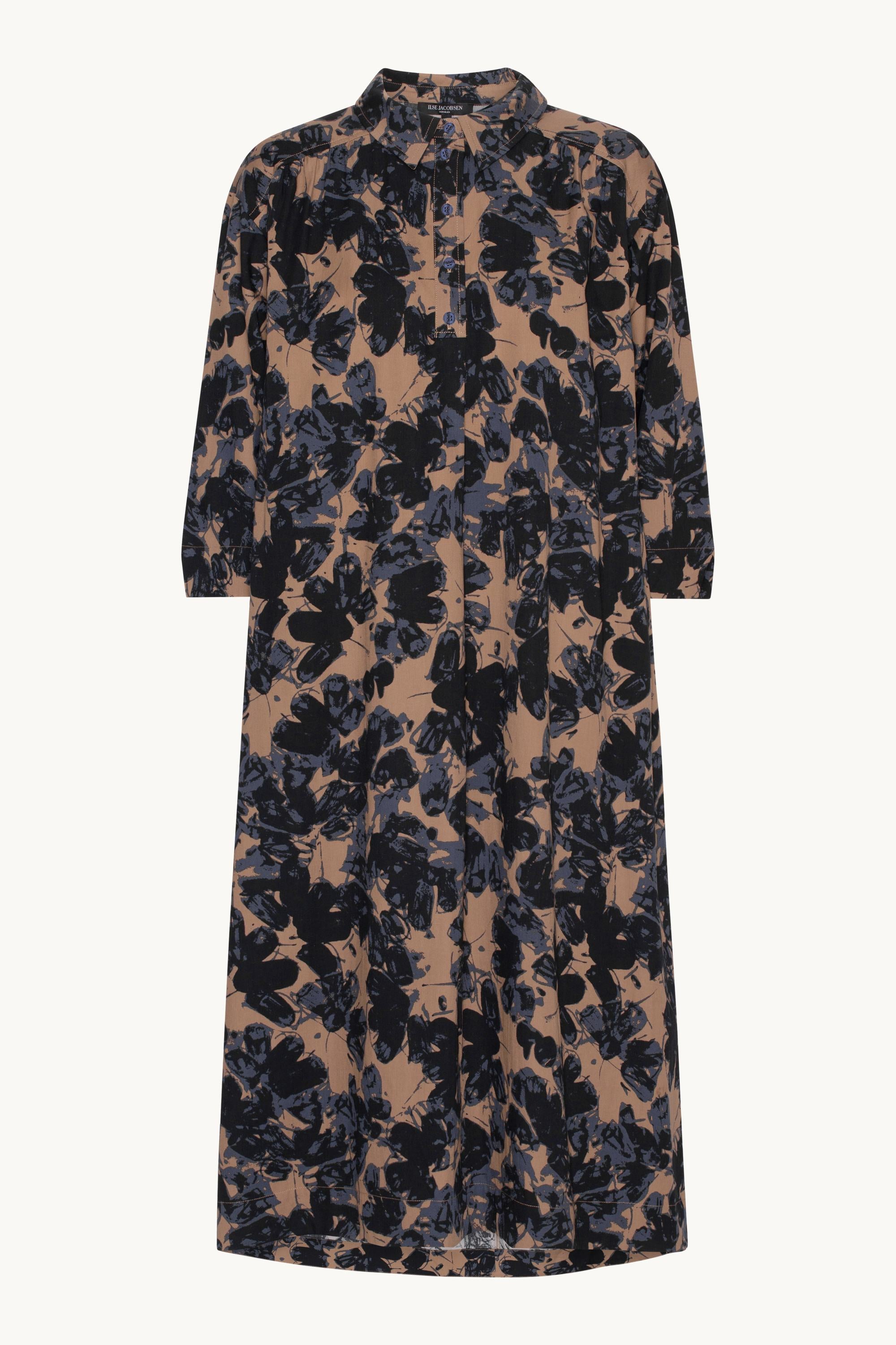 Long A-line Dress With 3/4 Sleeves - Beige Butterfly